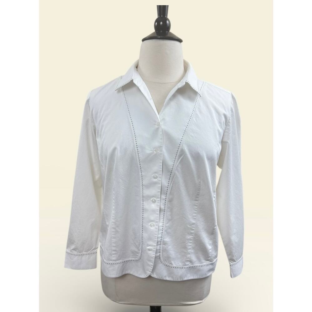 Talbots White Tailored Shirt with Front Darts and Black Topstitch Detail, Sz 14W
